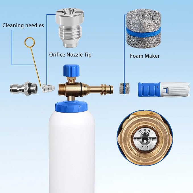 1.1 mm Foam Cannon Orifice Nozzle and Foam Maker Meshes Kit for Foam Cannon Replacement Thread Nozzle Tips and Mesh Filter, with Cleaning Tools, 3000PSI 2-Pack