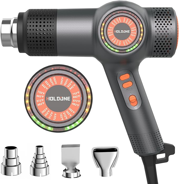 Heat Gun Fast Heating 1800W 122℉-1202℉ LED 3-color light to display temperature Shrink wrap heat gun with 4 Nozzles for Soften,Car film,Drying