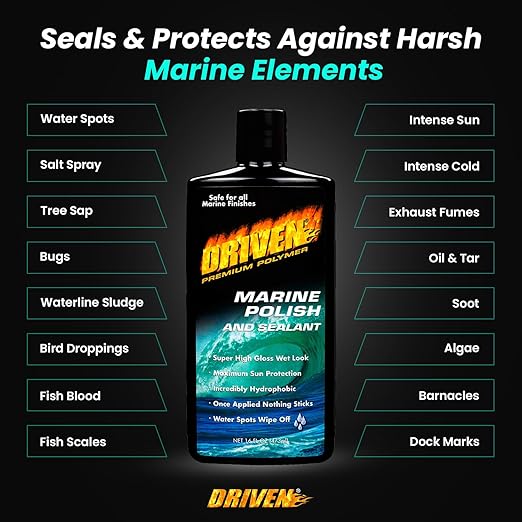 DRIVEN Marine Polish & Sealant for Super High Gloss Wet Look, Protection from Water Spots & Contaminants - Polymer Polish Against Intense Heat from Sun, Exhaust Stain & More - for Boats, RVs, More