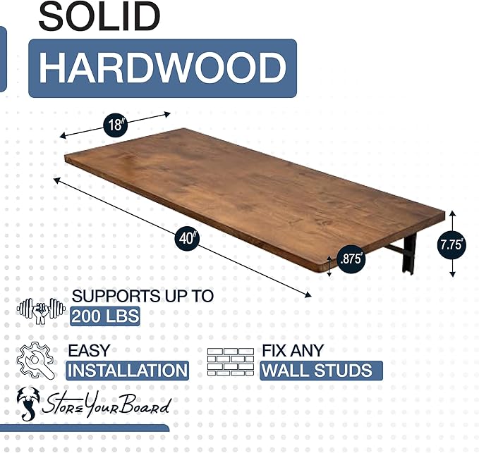 StoreYourBoard Wall Mounted Foldaway Table, Dark Wood Butcher Block Folding Desk, 40" x 18", Black Steel Brackets