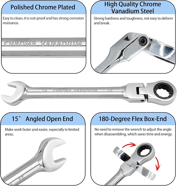 12mm Flex Head Ratchet Wrench, 12 Point Chrome Vanadium Steel Combination Spanner with 72 Tooth Ratcheting Gear, Metric Industrial Grade Tool for Automotive and Mechanical Maintenance