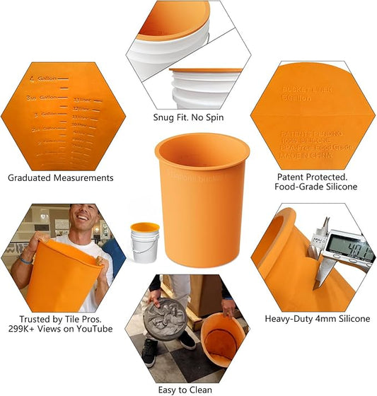 5 Gallon Bucket Liner Reusable Bucket Saver for Concrete Mix Thinset Paint, Reusable Silicone Bucket Pail Liner for Kitchen, Outdoor, Gardening, Camping, Thinset & Paint,Orange