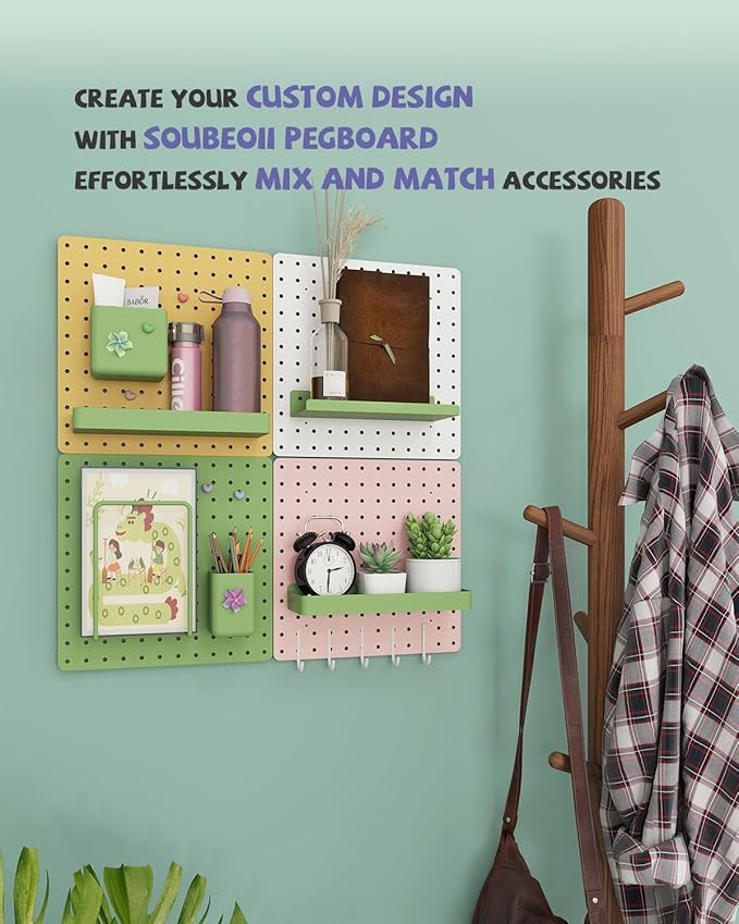 Metal Pegboard Combination Kit — 4 Carbon Steel Pegboards with 26 Accessories, Pegboard Wall Organizer for Home, Office, Study Room, Kitchen, Garage & Craft Room — 24″ × 24″ Green Peg Board