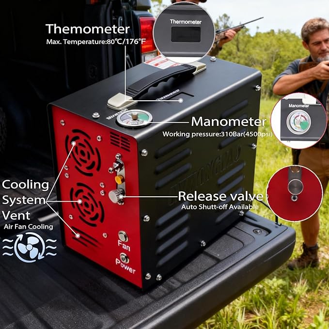 PORTAIR 4500PSI Portable HPA Compressor,Auto-Stop, Oil/Water-Free, Built-in Power Converter PCP Air Compressor for Air Rifle, Scuba Tank, Powered by Car Battery 12V DC or Home 110V AC (Black)