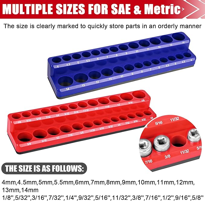 2-Piece Magnetic Socket Holder - 1/4 Inch Drive Metric SAE Socket Trays Tool Storage Set - Holds 52 Sockets for Tool Box Drawer