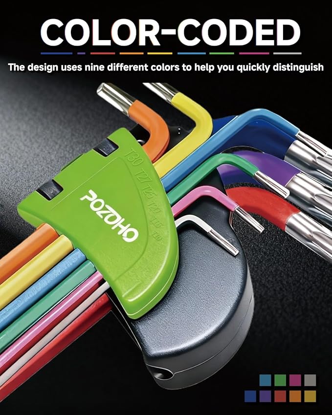 10-Piece Extra-Long Arm Torx(T10-T50) Hex Key Set | Color-Coded Ball End Allen Wrench with Torque Handle | Cr-V Steel, Anti-Rust for Motorcycle, Bike, Car & DIY, PTM01010C