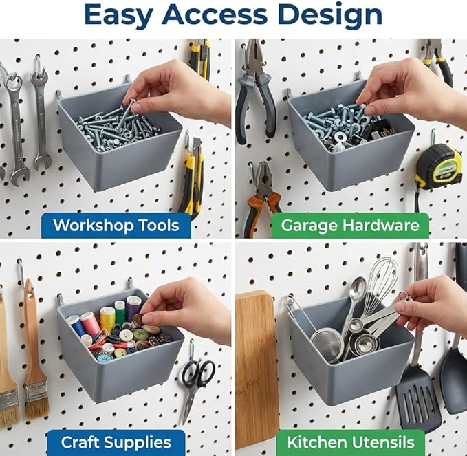 Pegboard Bins and Hooks Set, 4 Pack Open Front Storage Bins with 2 Inch Hooks, Small Parts Organizer Add-On for Screws, Nails, Tools, Garage Workshop Wall Storage