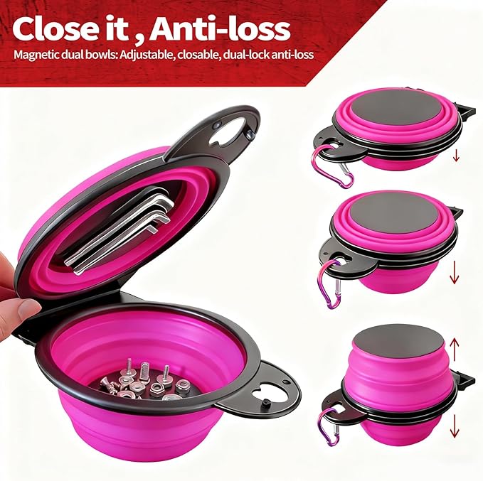 Collapsible Magnetic Parts Tray Set, New Upgraded Version Magnetic Trays, Integrated 5.1" Round Dual Silicone Bowls, Multi-Use Nuts And Bolts Organizer, Bonus Hook for On-the-Go Carry (magenta2.0)