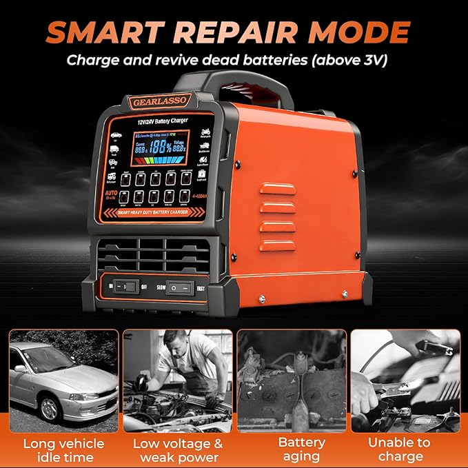 12V 24V Car Battery Charger Heavy Duty, 0-15A Automatic Battery Maintainer with Auto Shutoff, 10 Charging Modes incl. CV/CC & Strong Mode, Smart Trickle Charger for Car Truck Motorcycle RV