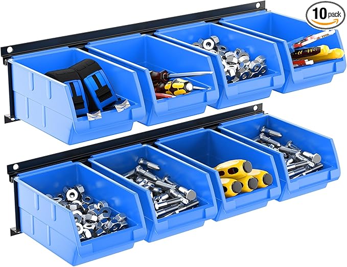 TORACK Wall-Mounted Storage Bins - 8 Plastic Bins & 2 Metal Tracks for Tools Organization in Garage, Craft Room, and Shop(Blue)