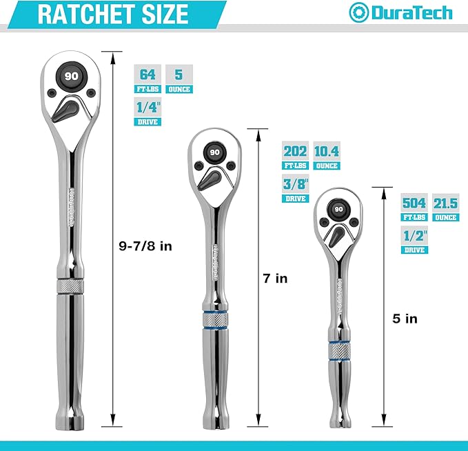 DURATECH 3-Piece Drive Ratchet, 1/4", 3/8", 1/2" 90-Tooth Quick-Release Ratchet Wrench, Reversible, Cr-V Made, Full Polished - with Plastic Insert Storage Box, Gifts for Men, Women, Dad