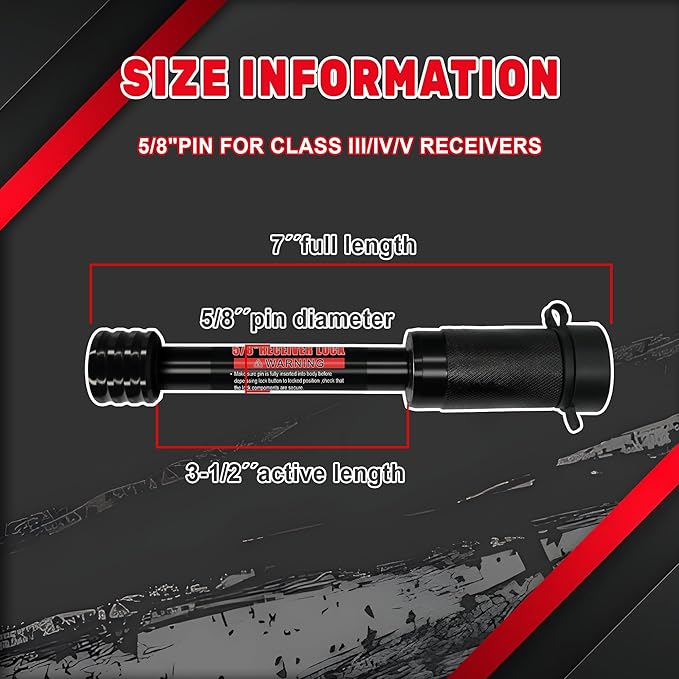 TYT Trailer Hitch Lock – 5/8" Dia x 3-1/2" Long Pin, Fits 2-Inch Receiver, Class III/IV Trailers, 2 Keys, Keyed Alike, Includes 8 O-Rings, Ideal for Trailer, RV, Car, Bike (1 Pack)