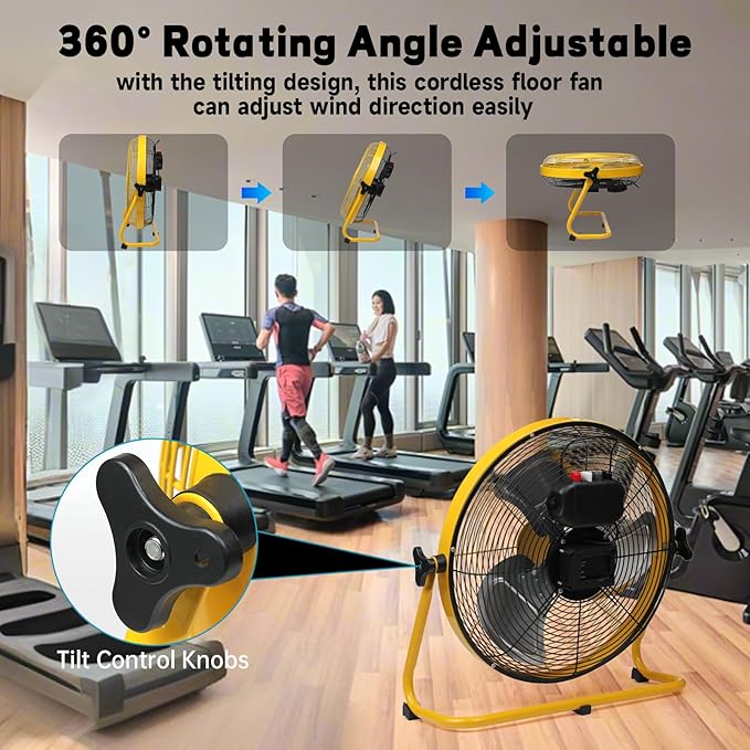 16" High Velocity Floor Fan for Dewalt 20V Max Battery, 3-Speed Battery Operated Cordless Floor Fan with AC Adapter, Heavy Duty Metal Industrial Fans for Warehouse, Garage, and Workshop(Tool Only)