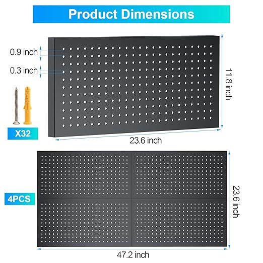 Metal Pegboard Panels 4 Pack, 24" x 12" Heavy Duty Rust-Proof Wall Organizer, Sturdy Steel Storage Board for Garage, Workshop & Craft Room, Black