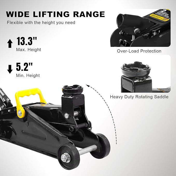 Torin 2 Ton Hydraulic Floor Jack, 4000 lbs Capacity Low Profile Trolley Service Jack with 5.2"-13.3" Lifting Range, Heavy Duty Steel Car Jack for Sport Utility Vehicle, Cars, Black