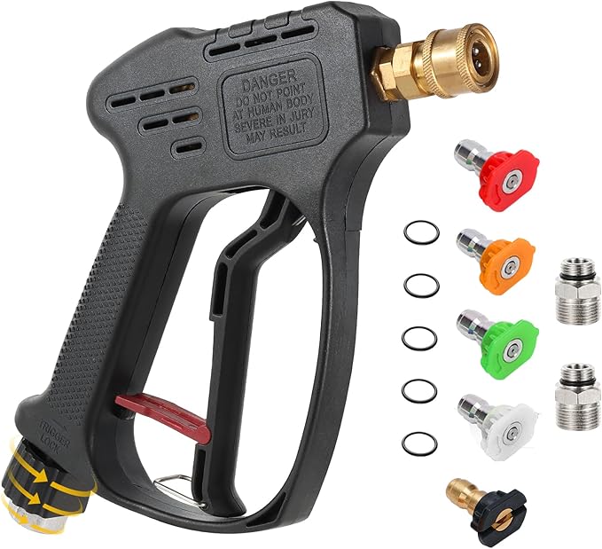 Short Pressure Washer Gun, 5000 PSI Max Swivel High Pressure Washer Extension Wand with 5 nozzles, M22 14MM Swivel Connect & M22 15MM, Car Wash Kit Power Washer Gun for Cars, Driveway, Yard, Fence