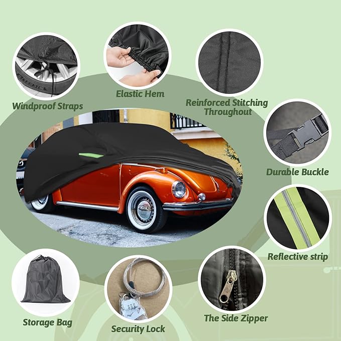 Car Covers for 1960-1980 Beetle Bug Sedan 2-Door, Waterproof All Weather Beetle Full Car Cover 210T Custom-fit Outdoor Windproof Cover with Door Zipper Up to 167”L(Black)