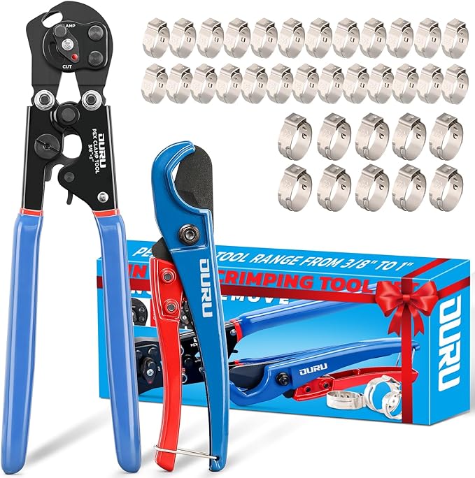2 IN 1 Ratchet Pex Crimping Tool Cinch and Remove Combo Function Pex Pipe Crimp Tool from 3/8" to 1" Pex Crimper with Pex Cutter and Stainless Steel Pex Clamps 1/2" 25PCS,3/4" 10PCS
