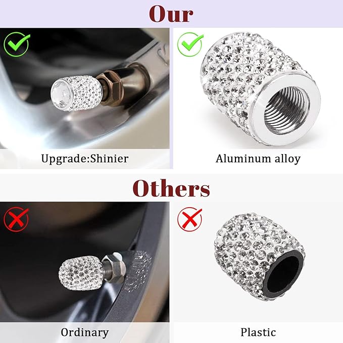 ToBeQueen Bling Tire Valve Caps, 4 Pack Handmade Crystal Rhinestone Tire Caps Universal Bling Car Accessories for Women Dustproof Bling Valve Stem Caps Cover for Car/SUV/Motorcycle/Bike(Silver)