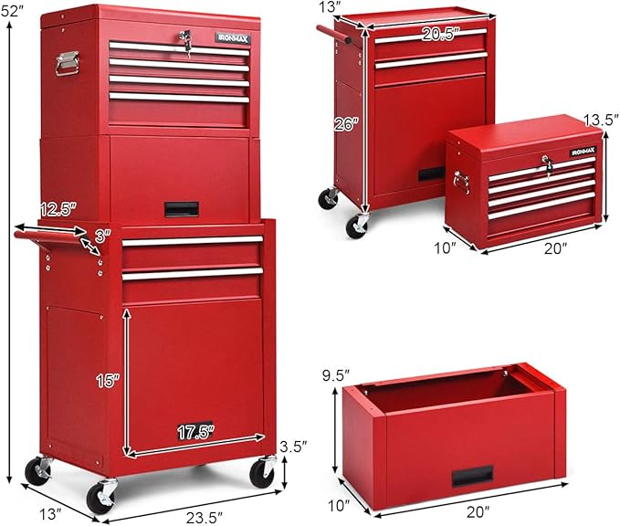 Goplus Tool Chest, 3-in-1 Rolling 6 Drawers Tool Cabinet with Detachable Top Toolbox, Middle Tool Storage, Universal Lockable Wheels, Protective Liner, Auto Lock, Metal Tool Box for Garage Workshop