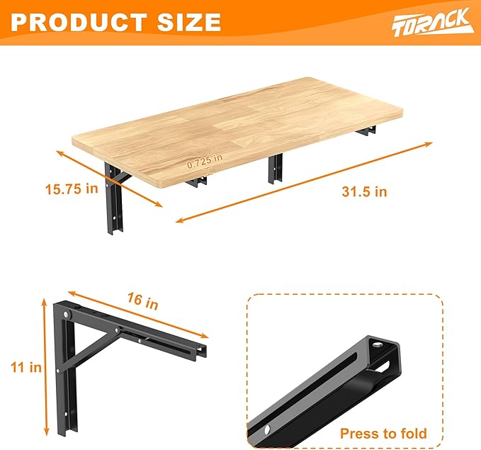 TORACK Heavy Duty Wall Mounted Folding Workbench, Space-Saving Collapsible Wall Table/Desk for Garage Workshop, Holds Up to 150 lbs(Board Size: 31.5 x 15.75 in)