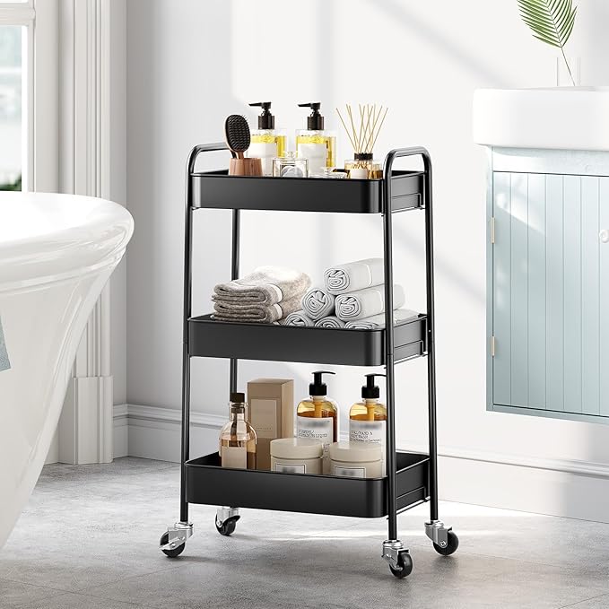 TOOLF 3-Tier Metal Rolling Cart with Wheels, Storage Utility Organizer Cart for Kitchen, Bathroom, Office, Baby Essentials & Makeup - Lockable Casters, Easy Assembly, Large Capacity, Black