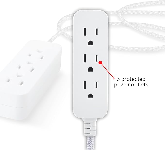 GE 3-Outlet Power Strip 15 Ft Braided Extension Cord with Multiple Outlets Grounded Flat Plug ETL Listed White 40530