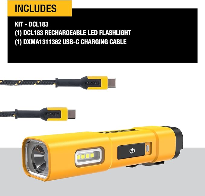 DEWALT LED Light, Powerful and Compact Work Light, Magentic Handle, USB-C Rechargeable (DCL182) & LED Flashlight, USB-C Rechargeable, Jobsite (DCL183)