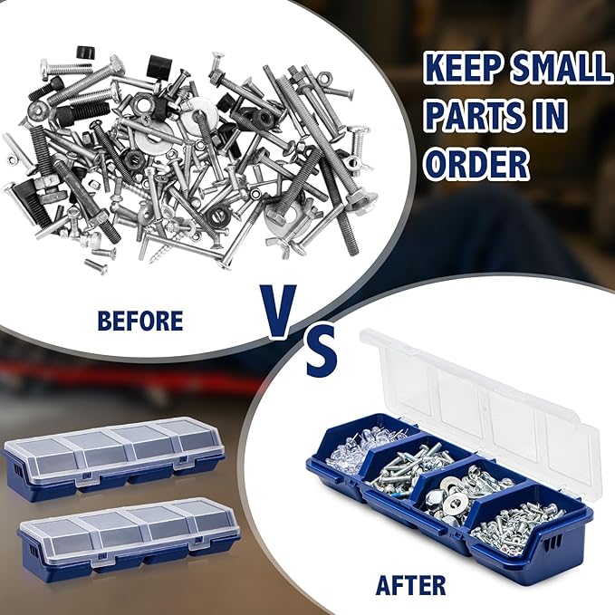 Hushee 6 Pcs Screw Organizer Box with Lid 4 Compartments Tool Bin Divider Plastic Stackable Hardware Organizer Small Part Storage Sorting Screw Box for Garage Workbench Craft Storage (Blue)