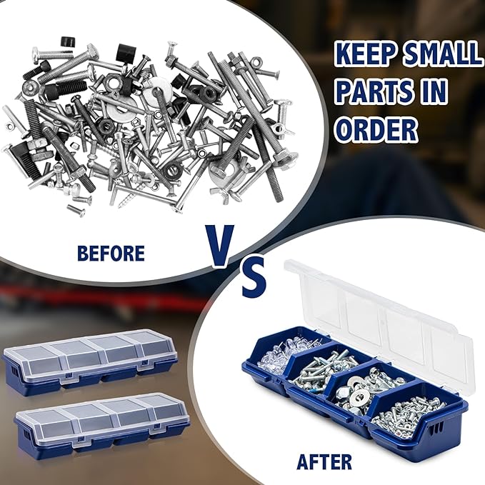 Hushee 8 Pcs Screw Organizer Box with Lid 4 Compartments Tool Bin Divider Plastic Stackable Hardware Organizer Small Part Storage Sorting Screw Box for Garage Workbench Craft Storage (Blue)