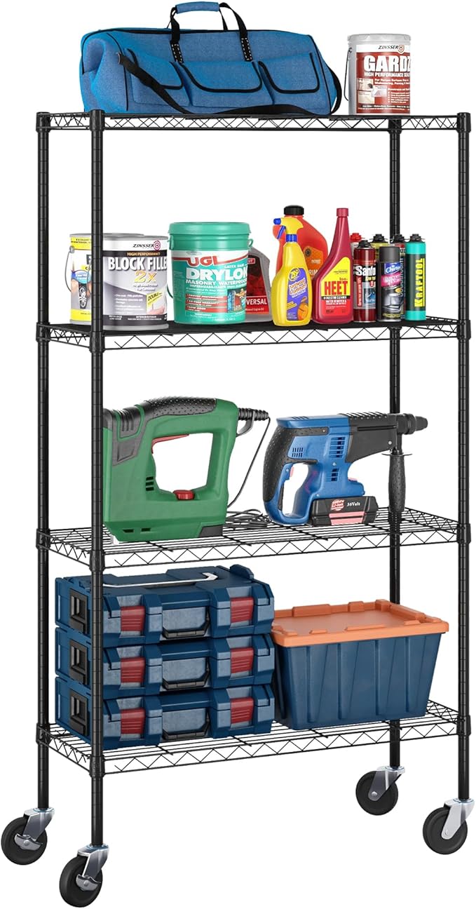 Furinno Wayar 4-Tier Metal Storage Shelf Rack Cart with Casters, 36 x 14 x 58, Black