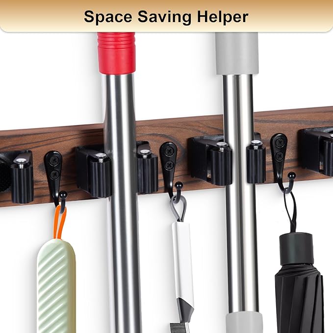 FunCee Broom Holder Wall Mount With 5 Slots & 4 Hooks，Rustic Wood Broom & Mop Hanger，Wall Mounted Garden & Garage Tool Storage Organizer Rack for Closet Laundry Room or Kitchen Wall Decor