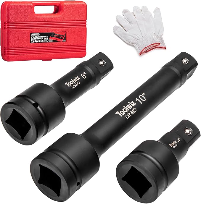 Toolwiz 1'' Socket Extension Set 4'', 6'', 10'' (3 Piece) Cr-Mo Steel, 1 inch Drive Extension Bar with Locking Pin for Mechanical Equipment Repair, Organized in PVC Box Use with Air Impact Wrenches