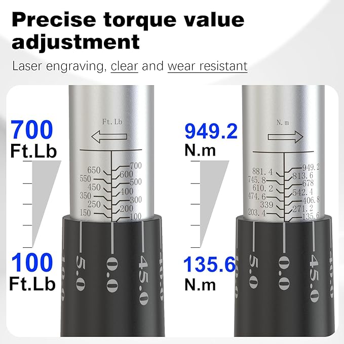 3/4 Inch Drive torque wrench 100-700 ft lb /135-949N.M/Aluminum Alloy handle & Cr-Mo Material Head, Heavy Duty, Professional,Dual Direction, Store in Solid Case