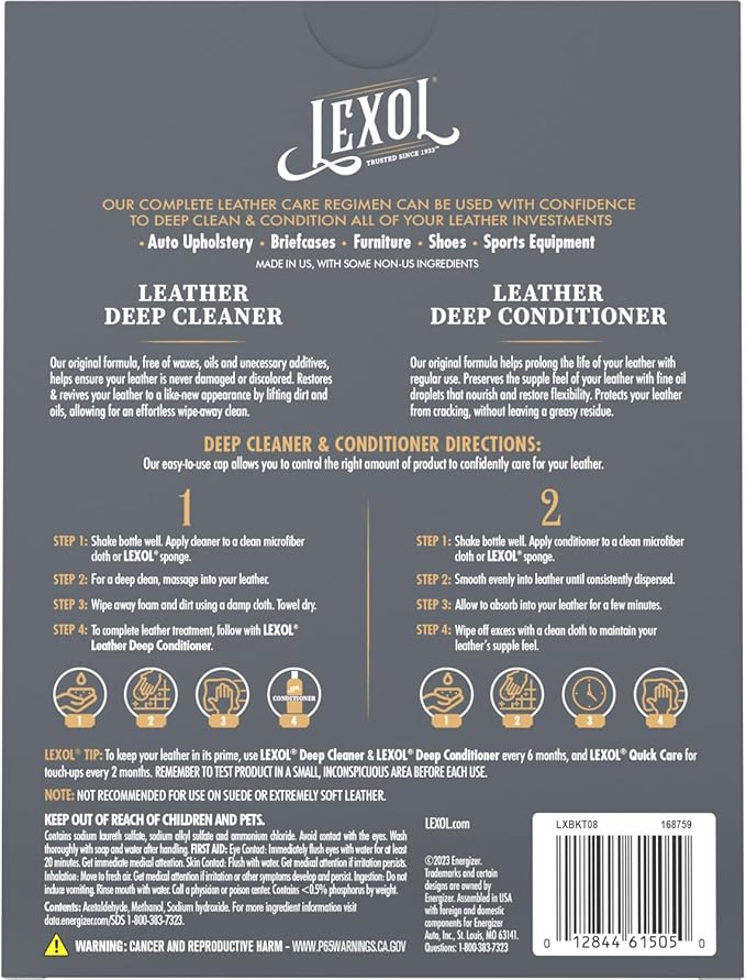 Lexol Leather Conditioner and Cleaner Kit by Lexol, Use on Furniture, Car Interiors, Shoes, Handbags, Includes 2 Application Sponges, Two-Step System, 8 oz Each