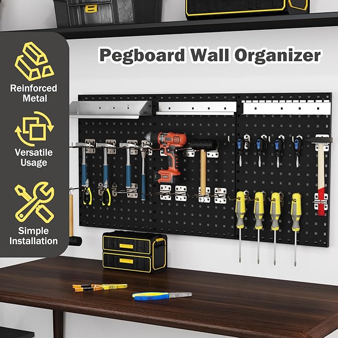 Goplus Garage Pegboard, Metal Pegboard Tool Organizer Kit with 3 Pegboards & 28 Pcs Hanging Accessories, Heavy Duty Wall Organizer Peg Board for Workshop, Tool Storage, Black