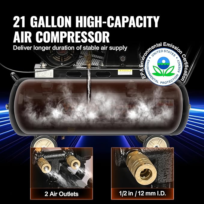 VEVOR 7HP Gas Powered Air Compressor, 21 Gallon Horizontal Air Compressor Tank with Wheels, 9CFM@115PSI Gas Driven Piston Pump Air Compressed System for Workshop Tire Inflation, Spraying, Nailing