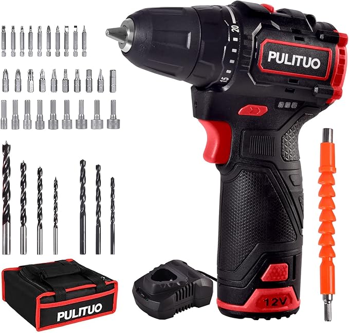 PULITUO Brushless Electric Drill Set,[Brushless Motor],12V Power Drill 310 In-lb Torque, 20+1 Clutch, 3/8" Keyless Chuck,45min Fast Charger, 2 Speed, LED Light for Home and DIY Project