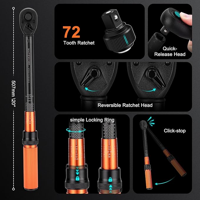 1/2-Inch Drive Torque Wrench Set 22PCS, 10-180FT.LB/13.6-244.1Nm, Click Torque Wrench Socket Set, 72-Tooth Dual-direction, ±3% Precision Adjustable Torque Wrench for Lug Nut, Bicycle, Moto, Car
