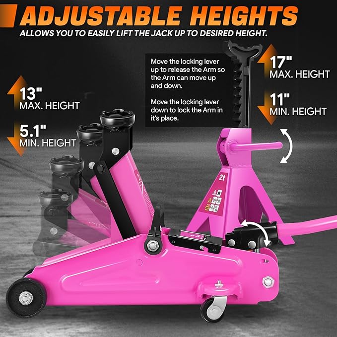 DNA Motoring 2 Ton Car Jack and Stands Kit 2T(4000 lbs) Capacity Low Profile Hydraulic Trolley Service/Floor Jack with 2 Ratchet Stands Combo for Home Garage Shop, Purple, TOOLS-00476-PR