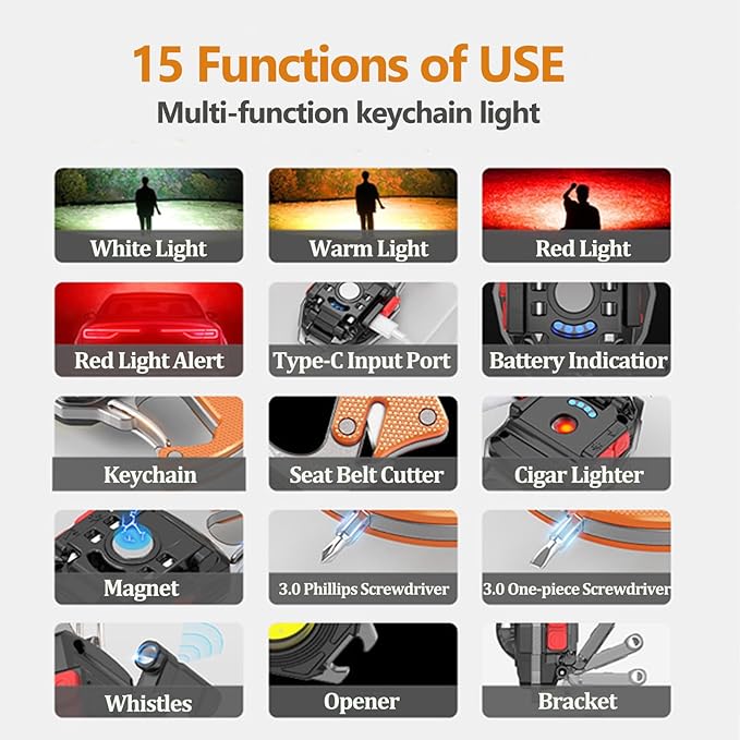 AUTOXBERT LED Keychain Work Light, 2 Pack Rechargeable Keychain Light, 1000LM Multifunction Portable Mini Flashlight with Screwdrivers, Bottle Opener, Whistle