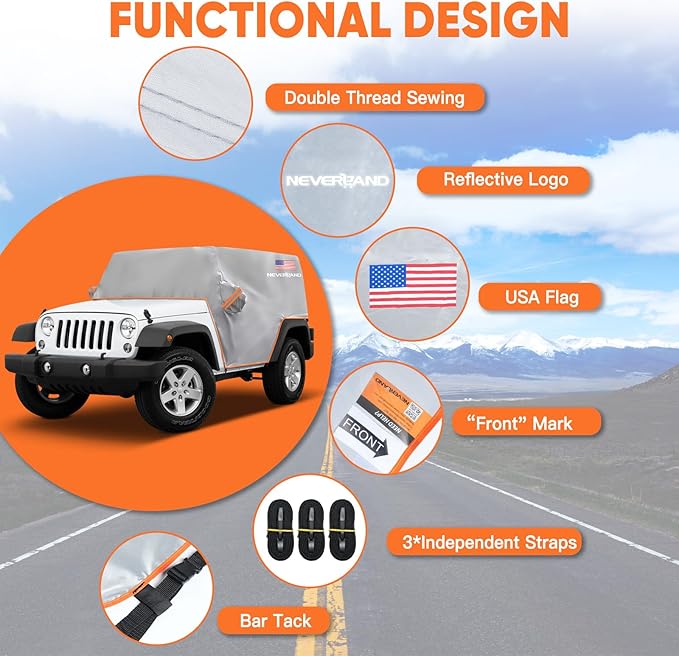 Wrangler Cab Cover for 2007-2025 Jeep Wrangler JK JL 2 Door, NEVERLAND Half Car Cover Waterproof Oxford with Reflective Strip,Sun Snowproof Cab Car Cover Silver