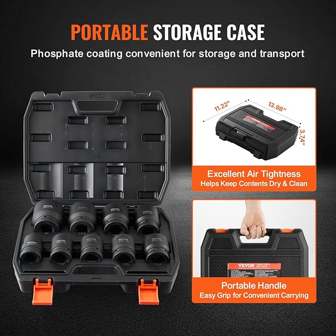 VEVOR Axle Nut Impact Socket Set - 1" Drive 6-Point 9-Piece SAE Spindle Nut Socket CR-MO Heat Treated Large Socket Set with Storage Case for Auto Repair, Removing or Installing Axle Nuts