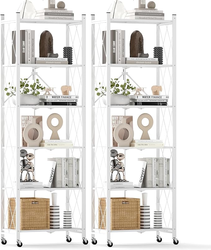 DEANIC 6-Shelf Folding Bookcase with Wheels, Heavy Duty Storage Shelves, Freestanding Metal Wire Shelving Unit for Living Room, Office, Kitchen, Basement, Pantry (White 2 Pack)