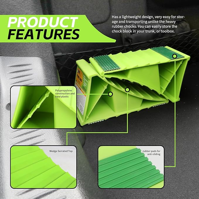MaxxHaul High Visibility Polypropylene Wheel Chocks 2-Pack 8.4" x 4.75" x 4.25" Non-Slip Base Lightweight Durable Tire Chocks for Cars Trailers and Small RVs Neon Green (50230)