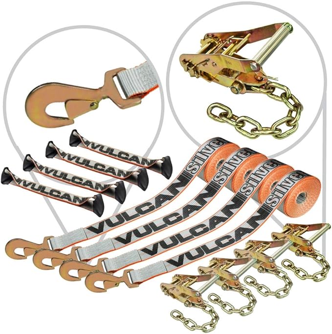 VULCAN 8-Point Roll Back Vehicle Tie Down Kit with Snap Hook on Strap Ends and Chain Tail on Ratchet Ends - Set of 4 - Silver Series