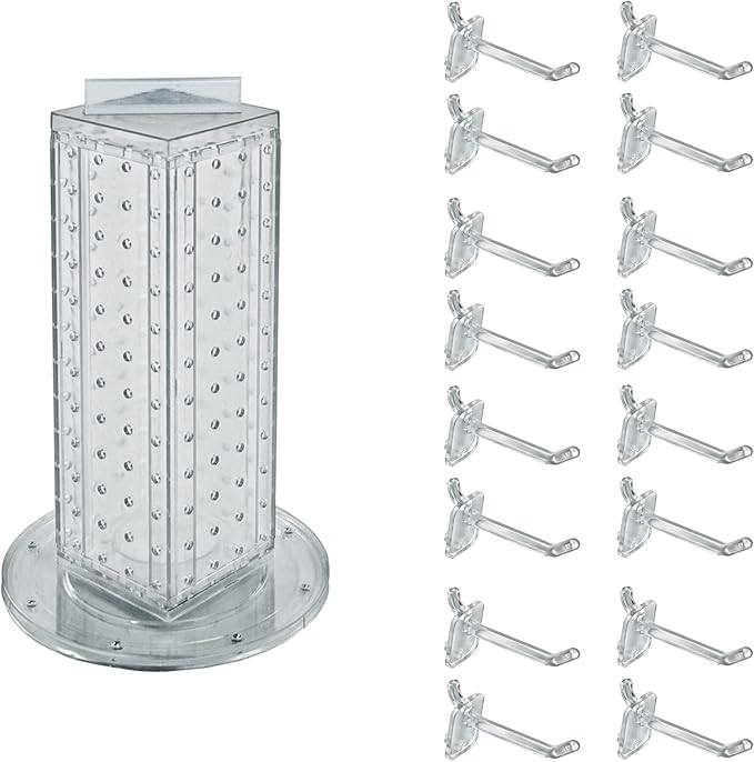 Azar Displays 700220-CLR-2C16 Four-Sided 4”W x 12” Revolving Pegboard Tower Kit Counter Display with 16-Pack of 2 inch Locking Hooks, Clear