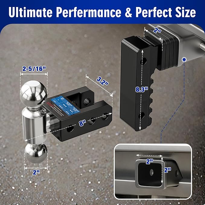 Adjustable Trailer Hitch Fits 2" Receiver - Heavy-Duty 12,500 lbs GTW Aluminum Tow Hitch with Dual Ball (2" & 2-5/16"), 6" Drop/Rise, 4 Silencer Pads & Anti-Theft Lock for Trucks and SUVs