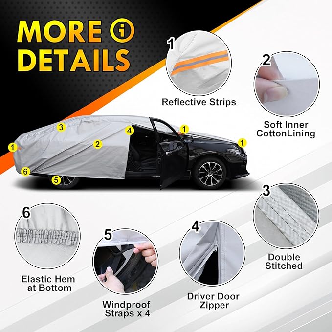 6 Layer Heavy Duty Car Cover Custom Fit for Toyota Corolla 2000-2025, Honda Civic 1991-2026, Waterproof All Weather Car Tarp Outdoor Protection with Cotton Lining