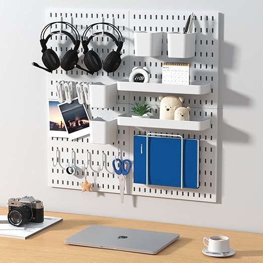 Peg Board Combination Kit, 8 Pegboards with 40 Accessories, Pegboard Wall Organizer for Office, Nursery & Home Storage, Key Holder, 51.2"x25.6" – Nail-Free Installation（White）